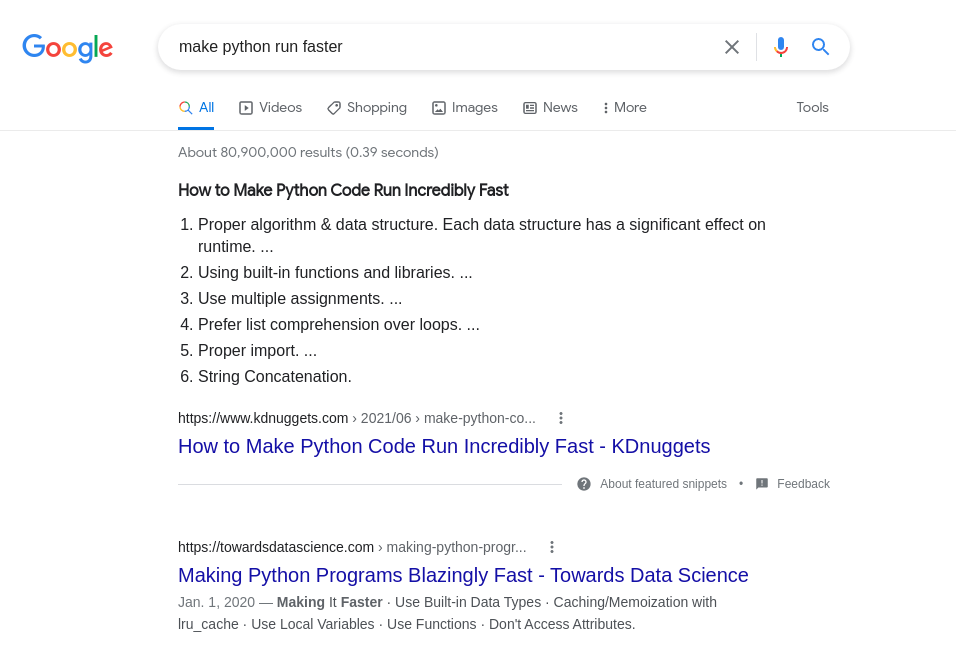A picture of top Google results when searching for faster python