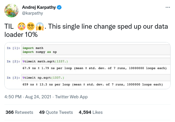 A picture of Andrej Karpathy's tweet about np.sqrt vs. built-in sqrt.